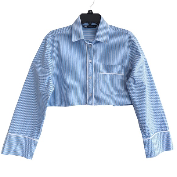 Zara Striped Cropped Button Down Shirt Womens Small Blue White Excellent - Picture 3 of 10